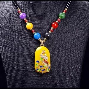 New Jeweled Peacock with Beaded Rope Beeswax Necklace